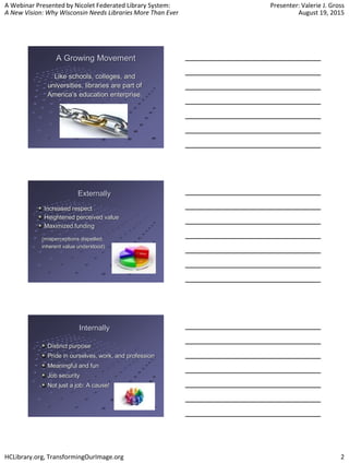 A Webinar Presented by Nicolet Federated Library System:
A New Vision: Why Wisconsin Needs Libraries More Than Ever
Presenter: Valerie J. Gross
August 19, 2015
HCLibrary.org, TransformingOurImage.org 2
A Growing Movement
Like schools, colleges, and
universities, libraries are part of
America’s education enterprise.
Externally
Increased respect
Heightened perceived value
Maximized funding
(misperceptions dispelled;
inherent value understood)
Internally
Distinct purpose
Pride in ourselves, work, and profession
Meaningful and fun
Job security
Not just a job: A cause!
 