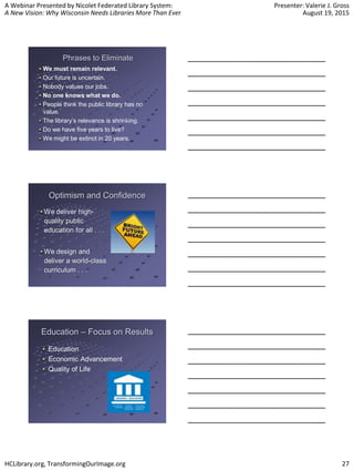 A Webinar Presented by Nicolet Federated Library System:
A New Vision: Why Wisconsin Needs Libraries More Than Ever
Presenter: Valerie J. Gross
August 19, 2015
HCLibrary.org, TransformingOurImage.org 27
Phrases to Eliminate
We must remain relevant.
Our future is uncertain.
Nobody values our jobs.
No one knows what we do.
People think the public library has no
value.
The library’s relevance is shrinking.
Do we have five years to live?
We might be extinct in 20 years.
Optimism and Confidence
We deliver high-
quality public
education for all . . .
We design and
deliver a world-class
curriculum . . .
Education – Focus on Results
Education
Economic Advancement
Quality of Life
 