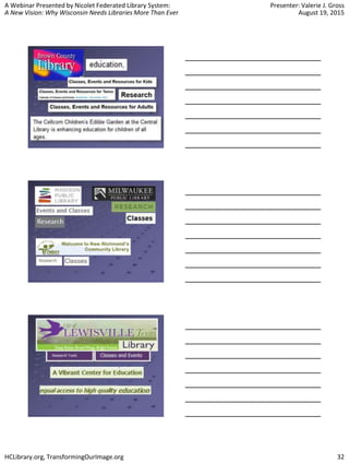 A Webinar Presented by Nicolet Federated Library System:
A New Vision: Why Wisconsin Needs Libraries More Than Ever
Presenter: Valerie J. Gross
August 19, 2015
HCLibrary.org, TransformingOurImage.org 32
 