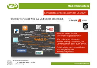 Medienkompetenz

                                Schlüsselqualifikationsseminar SS 2009

Stell Dir vor es ist Web 2.0 und keiner spricht mit.




                                            • Sind wir bereit für die
                                              Informationsgesellschaft?
                                            • Wie nutzt man die neuen
                                              Medien richtig – im Beruf, im
                                              Lernen/Lehren oder auch privat?
                                            • Entwicklung von Lernmodulen
                                              zur Steigerung der
                                              Medienkompetenz.




                                                                Susanne Robra-Bissantz
 