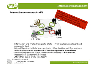 Informationsmanagement

Informationsmanagement (wi²)



                                                     Mitarbeiter


                     Lieferant




                      Partner,                     Kunde
                      z. B. Handel

  •  Information und IT als strategische Waffe – IT ist strategisch relevant und
     nutzenorientiert
  •  Fokus (über-)betriebliche Kommunikation, Koordination und Kooperation –
     Informations- und Kommunikationsmanagement, E-Business
  •  Innovationspotenziale durch „elektronische Dienste“ – E-Services,
     insbesondere Customer E-Services
  •  „More than just a pretty Interface“!


                                                                     Susanne Robra-Bissantz
 