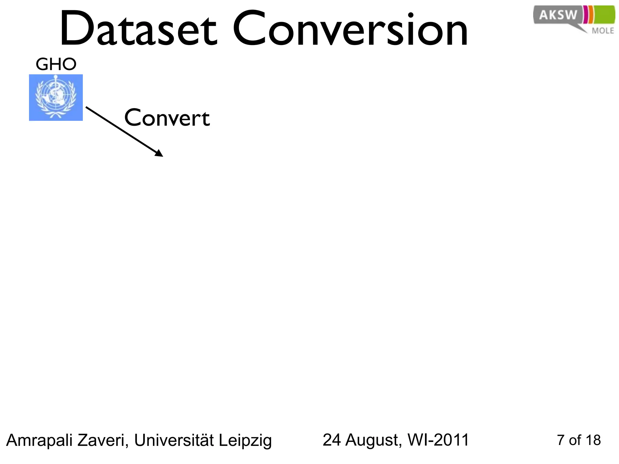 Dataset Conversion
   GHO


               Convert




Amrapali Zaveri, Universität Leipzig   24 August, WI-2011   7 of 18
 