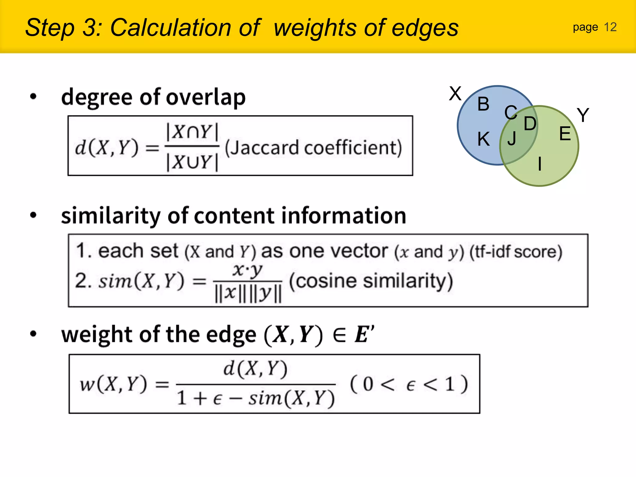 Step 3: Calculation of weights of edges page 12 X B C D Y K J E I 