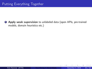 Putting Everything Together
1 Apply weak supervision to unlabeled data (open APIs, pre-trained
models, domain heuristics etc.)
Kim Hammar (KTH) Text Mining in Social Media December 4, 2018 15 / 19
 
