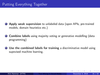 Putting Everything Together
1 Apply weak supervision to unlabeled data (open APIs, pre-trained
models, domain heuristics etc.)
2 Combine labels using majority voting or generative modelling (data
programming)
3 Use the combined labels for training a discriminative model using
supevised machine learning.
Kim Hammar (KTH) Text Mining in Social Media December 4, 2018 15 / 19
 
