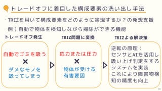 トレードオフに着目した構成要素の洗い出し手法
例）自動で物体を検知しながら掃除ができる機能
逆転の原理：
センサとAIを活用し
吸い上げ判定をする
システムを実装
これにより障害物検
知の精度も向上
・TRIZを用いて構成要素をどのように実現するか？の発想支援
自動でゴミを吸う
ダメなモノを
吸ってしまう
×
トレードオフ発生
応力または圧力
物体が受ける
有害要因
×
TRIZ問題に変換 TRIZよる解決策
10
 