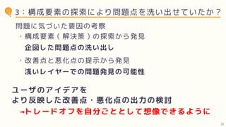 3：構成要素の探索により問題点を洗い出せていたか？
問題に気づいた要因の考察
ユーザのアイデアを
より反映した改善点・悪化点の出力の検討
・構成要素（解決策）の探索から発見
・改善点と悪化点の提示から発見
企図した問題点の洗い出し
浅いレイヤーでの問題発見の可能性
→トレードオフを自分ごととして想像できるように
28
 