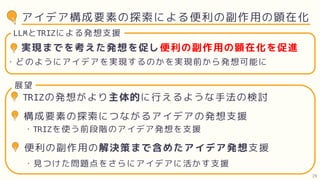 アイデア構成要素の探索による便利の副作用の顕在化
実現までを考えた発想を促し便利の副作用の顕在化を促進
・どのようにアイデアを実現するのかを実現前から発想可能に
LLMとTRIZによる発想支援
TRIZの発想がより主体的に行えるような手法の検討
展望
構成要素の探索につながるアイデアの発想支援
便利の副作用の解決策まで含めたアイデア発想支援
・TRIZを使う前段階のアイデア発想を支援
・見つけた問題点をさらにアイデアに活かす支援
29
 