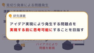 見切り発車による問題発生
ex)アプリ作成の際，思っても見なかった工数
課題：手を動かさないと分からない問題もある
問題発見！ けど，ここまで
作ったから．．
バイアスにより
問題を軽視
問題発生
実現方法の議論が煮詰まらないまま実現に向かう
→問題が発生してしまう現状
研究課題
アイデア実現により発生する問題点を
実現する前に思考可能にすることを目指す
5
 
