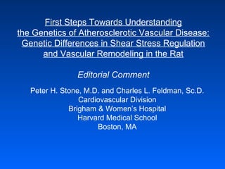 First Steps Towards Understanding
the Genetics of Atherosclerotic Vascular Disease:
Genetic Differences in Shear Stress Regulation
and Vascular Remodeling in the Rat
Editorial Comment
Peter H. Stone, M.D. and Charles L. Feldman, Sc.D.
Cardiovascular Division
Brigham & Women’s Hospital
Harvard Medical School
Boston, MA
 