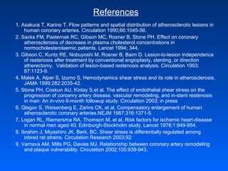 References
1. Asakura T, Karino T. Flow patterns and spatial distribution of atherosclerotic lesions in
human coronary arteries. Circulation 1990;66:1045-56.
2. Sacks FM, Pasternak RC, Gibson MC, Rosner B, Stone PH. Effect on coronary
atherosclerosis of decrease in plasma cholesterol concentrations in
normocholesterolaemic patients. Lancet 1994; 344.
3. Gibson C, Kuntz RE, Nobuyoshi M, Rosner B, Baim D. Lesion-to-lesion independence
of restenosis after treatment by conventional angioplasty, stenting, or direction
atherectomy. Validation of lesion-based restenosis analysis. Circulation 1993;
87:1123-9.
4. Malek A, Alper S, Izumo S. Hemodynamics shear stress and its role in atherosclerosis.
JAMA 1999;282:2035-42.
5. Stone PH, Coskun AU, Kinlay S,et al. The effect of endothelial shear stress on the
progression of coroanry artery disease, vascular remodeling, and in-stent restenosis
in man: An in-vivo 6-month followup study. Circulation 2003; in press
6. Glagov S, Weisenberg E, Zarins CK, et al. Compensatory enlargement of human
atherosclerotic coronary arteries.NEJM 1987;316:1371-5.
7. Logan RL, Riemersma RA, Thomson M, et al. Risk factors for ischemic heart-disease
in normal men aged 40. Edinburgh-Stockholm study. Lancet 1978;1:949-954.
8. Ibrahim J, Miyashiro JK, Berk, BC. Shear stress is differentially regulated among
inbred rat strains. Circulation Research 2003;92:
9. Varnava AM, Mills PG, Davies MJ. Relationship between coronary artery remodeling
and plaque vulnerability. Circulation 2002;105:939-943.
 