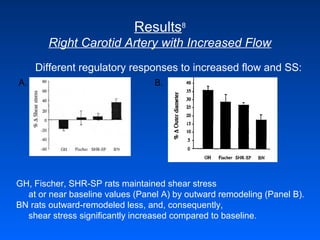 Results8
Right Carotid Artery with Increased Flow
Different regulatory responses to increased flow and SS:
GH, Fischer, SHR-SP rats maintained shear stress
at or near baseline values (Panel A) by outward remodeling (Panel B).
BN rats outward-remodeled less, and, consequently,
shear stress significantly increased compared to baseline.
A. B.
 