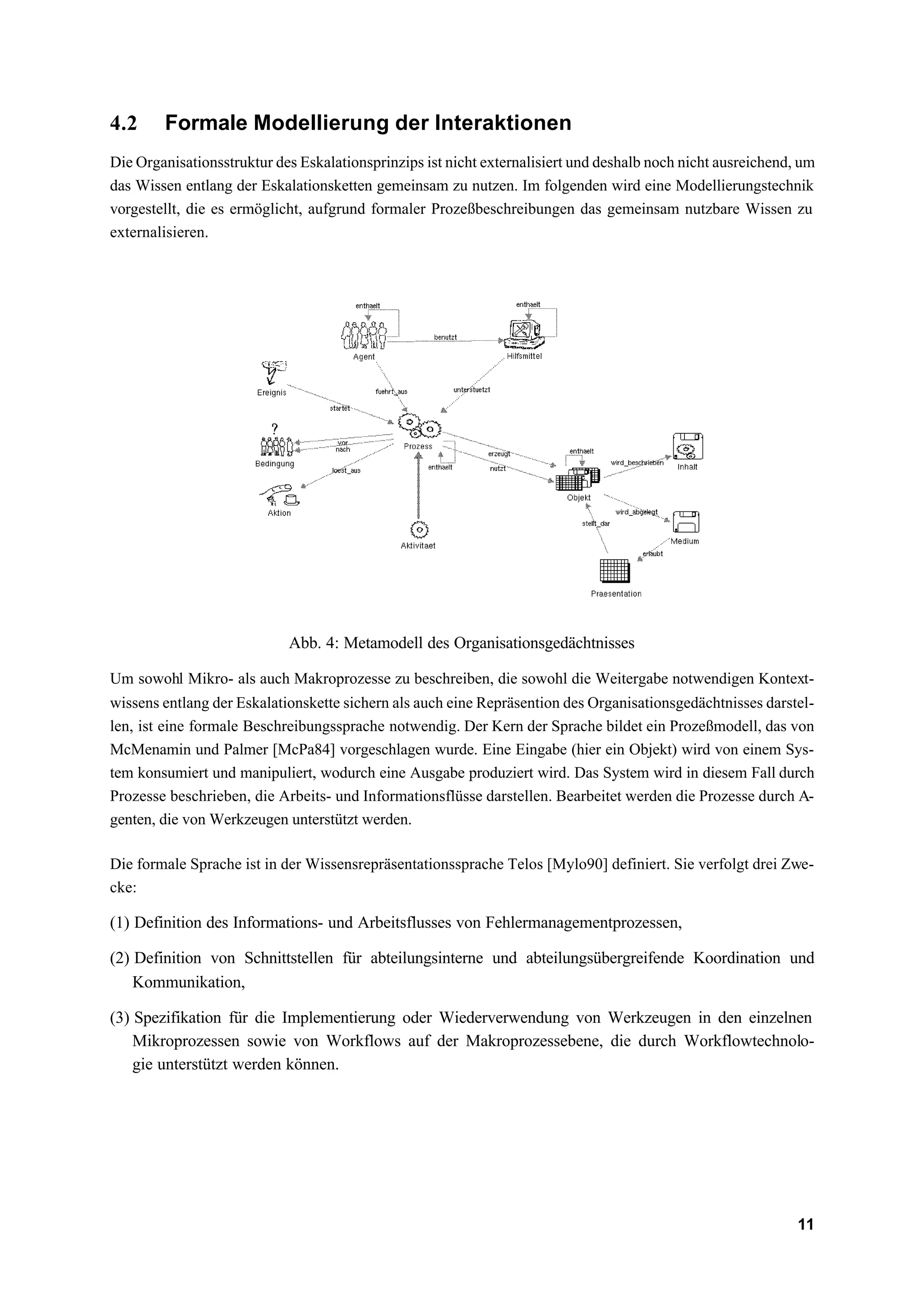 4.2     Formale Modellierung der Interaktionen
Die Organisationsstruktur des Eskalationsprinzips ist nicht externalisiert und deshalb noch nicht ausreichend, um
das Wissen entlang der Eskalationsketten gemeinsam zu nutzen. Im folgenden wird eine Modellierungstechnik
vorgestellt, die es ermöglicht, aufgrund formaler Prozeßbeschreibungen das gemeinsam nutzbare Wissen zu
externalisieren.




                            Abb. 4: Metamodell des Organisationsgedächtnisses

Um sowohl Mikro- als auch Makroprozesse zu beschreiben, die sowohl die Weitergabe notwendigen Kontext-
wissens entlang der Eskalationskette sichern als auch eine Repräsention des Organisationsgedächtnisses darstel-
len, ist eine formale Beschreibungssprache notwendig. Der Kern der Sprache bildet ein Prozeßmodell, das von
McMenamin und Palmer [McPa84] vorgeschlagen wurde. Eine Eingabe (hier ein Objekt) wird von einem Sys-
tem konsumiert und manipuliert, wodurch eine Ausgabe produziert wird. Das System wird in diesem Fall durch
Prozesse beschrieben, die Arbeits- und Informationsflüsse darstellen. Bearbeitet werden die Prozesse durch A-
genten, die von Werkzeugen unterstützt werden.

Die formale Sprache ist in der Wissensrepräsentationssprache Telos [Mylo90] definiert. Sie verfolgt drei Zwe-
cke:

(1) Definition des Informations- und Arbeitsflusses von Fehlermanagementprozessen,

(2) Definition von Schnittstellen für abteilungsinterne und abteilungsübergreifende Koordination und
    Kommunikation,

(3) Spezifikation für die Implementierung oder Wiederverwendung von Werkzeugen in den einzelnen
    Mikroprozessen sowie von Workflows auf der Makroprozessebene, die durch Workflowtechnolo-
    gie unterstützt werden können.




                                                                                                              11
 