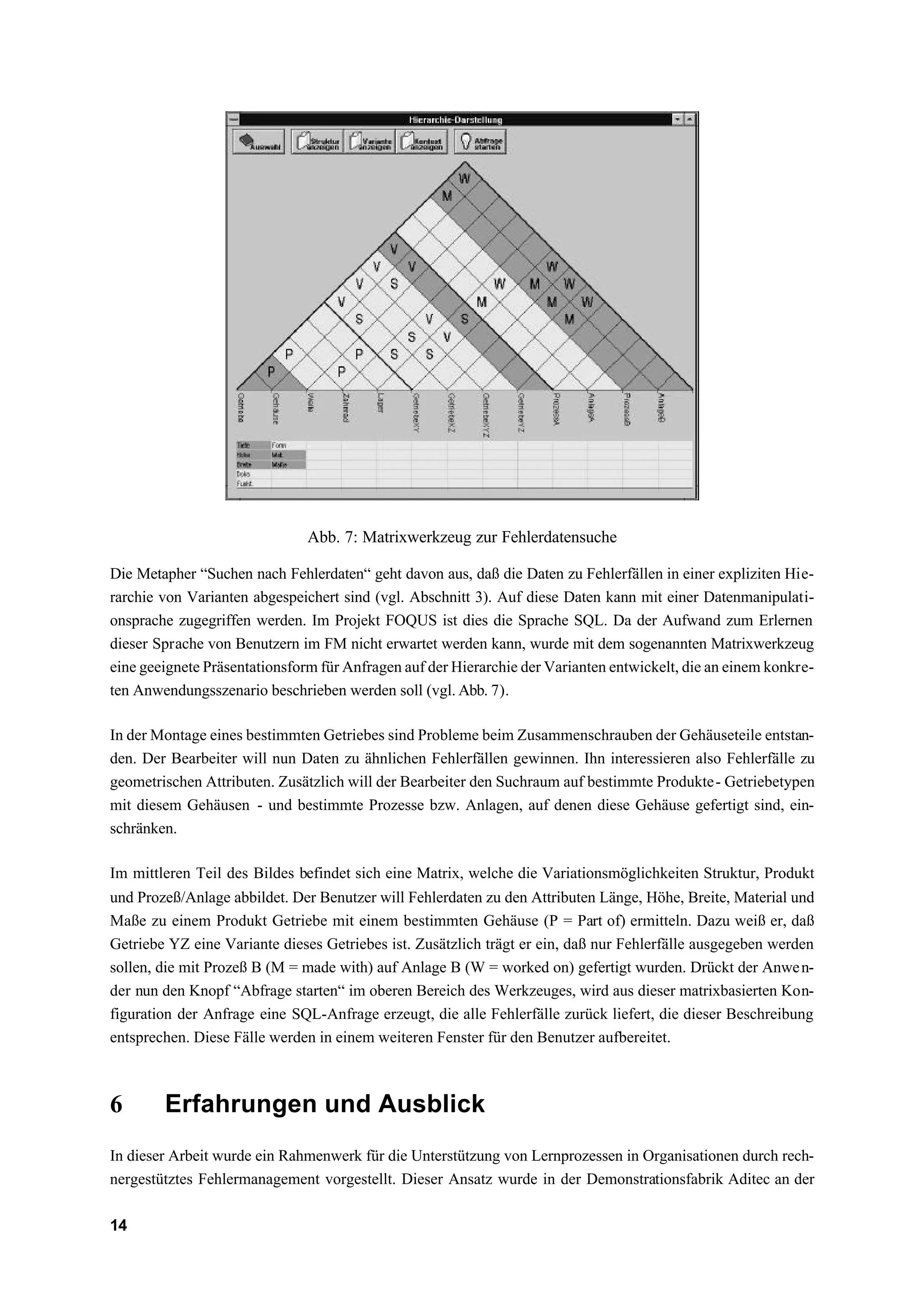 Abb. 7: Matrixwerkzeug zur Fehlerdatensuche

Die Metapher “Suchen nach Fehlerdaten“ geht davon aus, daß die Daten zu Fehlerfällen in einer expliziten Hie-
rarchie von Varianten abgespeichert sind (vgl. Abschnitt 3). Auf diese Daten kann mit einer Datenmanipulati-
onsprache zugegriffen werden. Im Projekt FOQUS ist dies die Sprache SQL. Da der Aufwand zum Erlernen
dieser Sprache von Benutzern im FM nicht erwartet werden kann, wurde mit dem sogenannten Matrixwerkzeug
eine geeignete Präsentationsform für Anfragen auf der Hierarchie der Varianten entwickelt, die an einem konkre-
ten Anwendungsszenario beschrieben werden soll (vgl. Abb. 7).

In der Montage eines bestimmten Getriebes sind Probleme beim Zusammenschrauben der Gehäuseteile entstan-
den. Der Bearbeiter will nun Daten zu ähnlichen Fehlerfällen gewinnen. Ihn interessieren also Fehlerfälle zu
geometrischen Attributen. Zusätzlich will der Bearbeiter den Suchraum auf bestimmte Produkte - Getriebetypen
mit diesem Gehäusen - und bestimmte Prozesse bzw. Anlagen, auf denen diese Gehäuse gefertigt sind, ein-
schränken.

Im mittleren Teil des Bildes befindet sich eine Matrix, welche die Variationsmöglichkeiten Struktur, Produkt
und Prozeß/Anlage abbildet. Der Benutzer will Fehlerdaten zu den Attributen Länge, Höhe, Breite, Material und
Maße zu einem Produkt Getriebe mit einem bestimmten Gehäuse (P = Part of) ermitteln. Dazu weiß er, daß
Getriebe YZ eine Variante dieses Getriebes ist. Zusätzlich trägt er ein, daß nur Fehlerfälle ausgegeben werden
sollen, die mit Prozeß B (M = made with) auf Anlage B (W = worked on) gefertigt wurden. Drückt der Anwe n-
der nun den Knopf “Abfrage starten“ im oberen Bereich des Werkzeuges, wird aus dieser matrixbasierten Kon-
figuration der Anfrage eine SQL-Anfrage erzeugt, die alle Fehlerfälle zurück liefert, die dieser Beschreibung
entsprechen. Diese Fälle werden in einem weiteren Fenster für den Benutzer aufbereitet.



6       Erfahrungen und Ausblick
In dieser Arbeit wurde ein Rahmenwerk für die Unterstützung von Lernprozessen in Organisationen durch rech-
nergestütztes Fehlermanagement vorgestellt. Dieser Ansatz wurde in der Demonstrationsfabrik Aditec an der

14
 
