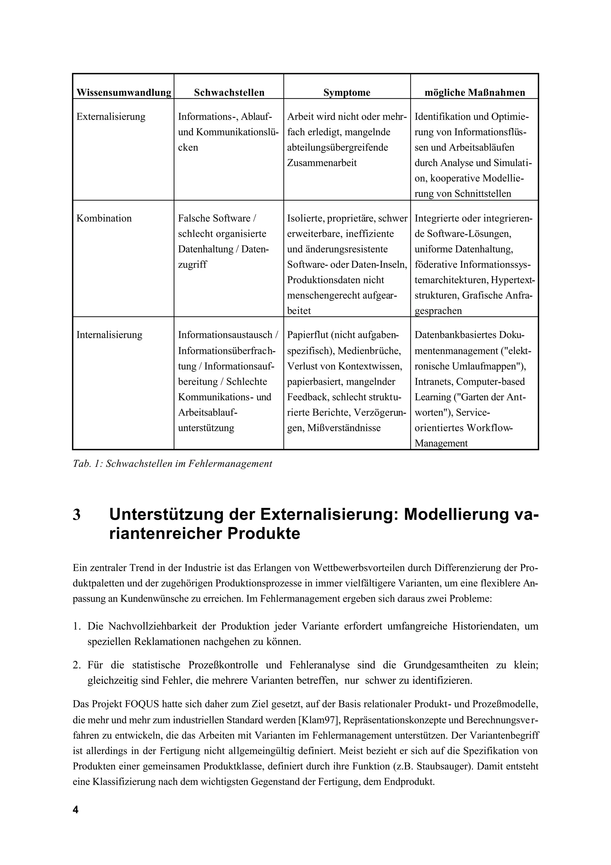 Wissensumwandlung            Schwachstellen                 Symptome                  mögliche Maßnahmen

Externalisierung         Informations-, Ablauf- Arbeit wird nicht oder mehr-        Identifikation und Optimie-
                         und Kommunikationslü- fach erledigt, mangelnde             rung von Informationsflüs-
                         cken                   abteilungsübergreifende             sen und Arbeitsabläufen
                                                Zusammenarbeit                      durch Analyse und Simulati-
                                                                                    on, kooperative Modellie-
                                                                                    rung von Schnittstellen

Kombination              Falsche Software /        Isolierte, proprietäre, schwer   Integrierte oder integrieren-
                         schlecht organisierte     erweiterbare, ineffiziente       de Software-Lösungen,
                         Datenhaltung / Daten-     und änderungsresistente          uniforme Datenhaltung,
                         zugriff                   Software- oder Daten-Inseln,     föderative Informationssys-
                                                   Produktionsdaten nicht           temarchitekturen, Hypertext-
                                                   menschengerecht aufgear-         strukturen, Grafische Anfra-
                                                   beitet                           gesprachen

Internalisierung         Informationsaustausch / Papierflut (nicht aufgaben-        Datenbankbasiertes Doku-
                         Informationsüberfrach-    spezifisch), Medienbrüche,       mentenmanagement ("elekt-
                         tung / Informationsauf-   Verlust von Kontextwissen,       ronische Umlaufmappen"),
                         bereitung / Schlechte     papierbasiert, mangelnder        Intranets, Computer-based
                         Kommunikations- und       Feedback, schlecht struktu-      Learning ("Garten der Ant-
                         Arbeitsablauf-            rierte Berichte, Verzögerun-     worten"), Service-
                         unterstützung             gen, Mißverständnisse            orientiertes Workflow-
                                                                                    Management
Tab. 1: Schwachstellen im Fehlermanagement




3       Unterstützung der Externalisierung: Modellierung va-
        riantenreicher Produkte
Ein zentraler Trend in der Industrie ist das Erlangen von Wettbewerbsvorteilen durch Differenzierung der Pro-
duktpaletten und der zugehörigen Produktionsprozesse in immer vielfältigere Varianten, um eine flexiblere An-
passung an Kundenwünsche zu erreichen. Im Fehlermanagement ergeben sich daraus zwei Probleme:

1. Die Nachvollziehbarkeit der Produktion jeder Variante erfordert umfangreiche Historiendaten, um
   speziellen Reklamationen nachgehen zu können.

2. Für die statistische Prozeßkontrolle und Fehleranalyse sind die Grundgesamtheiten zu klein;
   gleichzeitig sind Fehler, die mehrere Varianten betreffen, nur schwer zu identifizieren.

Das Projekt FOQUS hatte sich daher zum Ziel gesetzt, auf der Basis relationaler Produkt- und Prozeßmodelle,
die mehr und mehr zum industriellen Standard werden [Klam97], Repräsentationskonzepte und Berechnungsve r-
fahren zu entwickeln, die das Arbeiten mit Varianten im Fehlermanagement unterstützen. Der Variantenbegriff
ist allerdings in der Fertigung nicht allgemeingültig definiert. Meist bezieht er sich auf die Spezifikation von
Produkten einer gemeinsamen Produktklasse, definiert durch ihre Funktion (z.B. Staubsauger). Damit entsteht
eine Klassifizierung nach dem wichtigsten Gegenstand der Fertigung, dem Endprodukt.

4
 