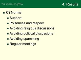4. Results 
 C) Norms 
 Support 
 Politeness and respect 
 Avoiding religious discussions 
 Avoiding political discussions 
 Avoiding spamming 
 Regular meetings 
 