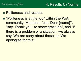 4. Results C) Norms 
 Politeness and respect 
 “Politeness is at the top” within the WiA 
community. Members “use ‘Dear [name]’”, 
“say ‘Thank you!’ to show gratitude”, and “if 
there is a problem or a situation, we always 
say ‘We are sorry about these’ or ‘We 
apologize for this’”. 
 
