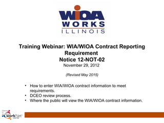  
• How to enter WIA/WIOA contract information to meet 
requirements.
• DCEO review process.
• Where the public will view the WIA/WIOA contract information.
 
Training Webinar: WIA/WIOA Contract Reporting
Requirement
Notice 12-NOT-02
November 29, 2012 
(Revised May 2015)
 