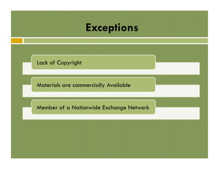 Exceptions
Lack of Copyright
Materials are commercially Available
Member of a Nationwide Exchange Network

 