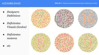 WIAD 2017 - Interface acessível para educação à distância em 5 diasACESSIBILIDADE
● Designers
Daltônicos
● Deficientes
Visuais (óculos)
● Deficientes
motores
● etc
 