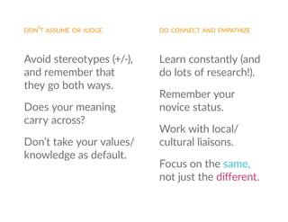 Avoid stereotypes (+/-),
and remember that
they go both ways.
Does your meaning
carry across?
Don’t take your values/
knowledge as default.
don’t assume or judge
Learn constantly (and
do lots of research!).
Remember your
novice status.
Work with local/
cultural liaisons.
Focus on the same,
not just the different.
do connect and empathize
 
