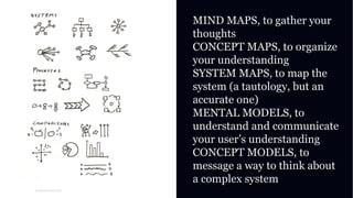 01
WORLD IA DAY 2017
MIND MAPS, to gather your
thoughts
CONCEPT MAPS, to organize
your understanding
SYSTEM MAPS, to map the
system (a tautology, but an
accurate one)
MENTAL MODELS, to
understand and communicate
your user’s understanding
CONCEPT MODELS, to
message a way to think about
a complex system
 