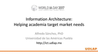 Information Architecture:
Helping academia target market needs
Alfredo Sánchez, PhD
Universidad de las Américas Puebla
http://ict.udlap.mx
 