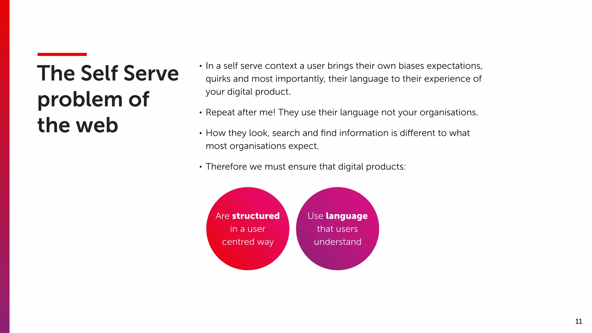 11
The Self Serve
problem of
the web
• In a self serve context a user brings their own biases expectations,
quirks and most importantly, their language to their experience of
your digital product.
• Repeat after me! They use their language not your organisations.
• How they look, search and ﬁnd information is diﬀerent to what
most organisations expect.
• Therefore we must ensure that digital products:
Are structured
in a user
centred way
Use language
that users
understand
 