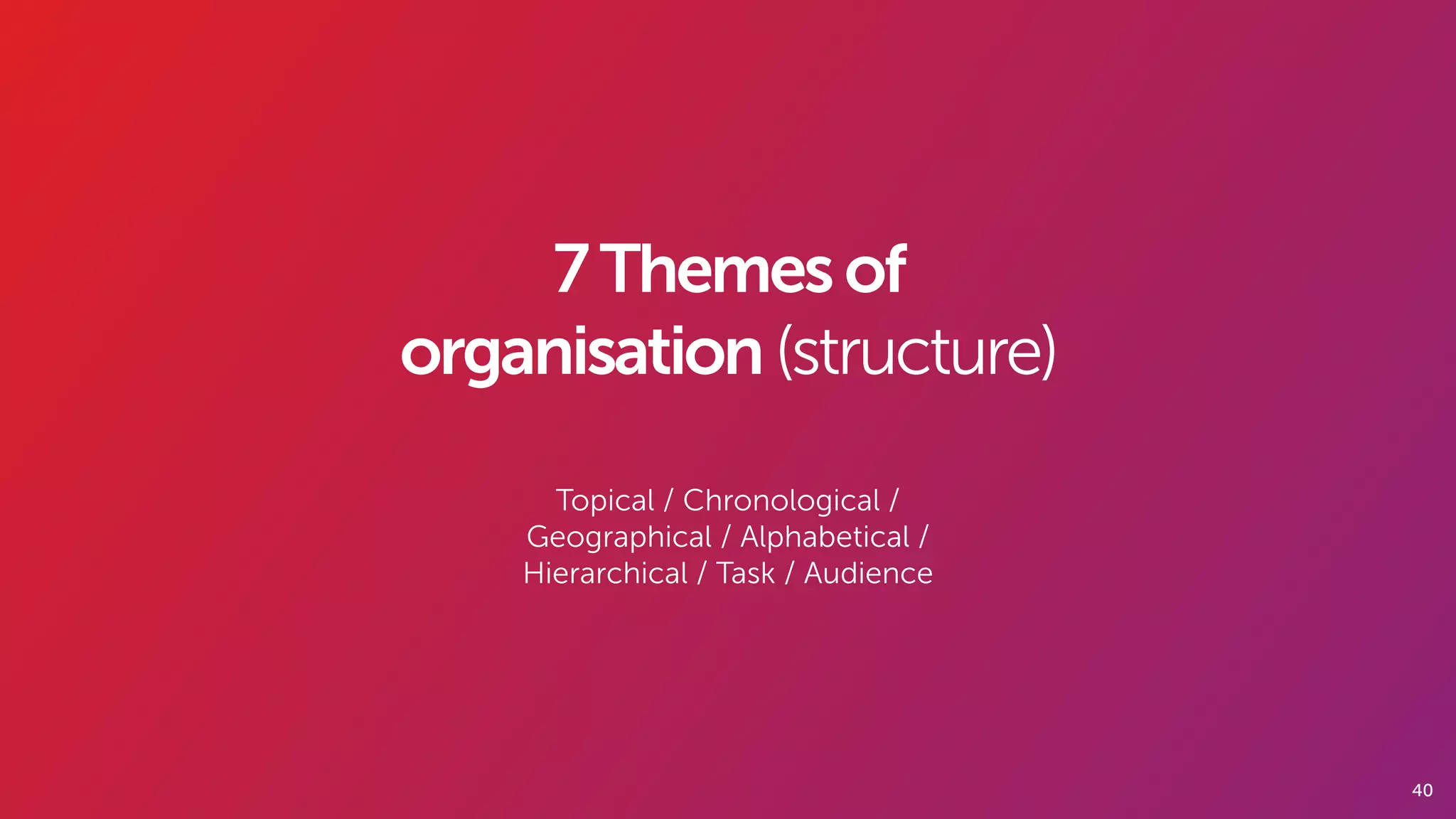 40
7Themesof
organisation(structure)
Topical / Chronological /
Geographical / Alphabetical /
Hierarchical / Task / Audience
 