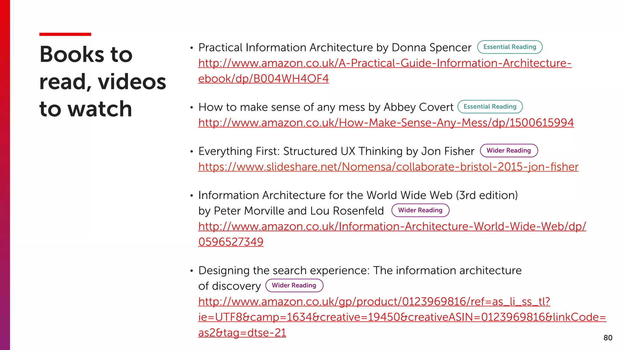 80
Books to
read, videos
to watch
• Practical Information Architecture by Donna Spencer  
http://www.amazon.co.uk/A-Practical-Guide-Information-Architecture-
ebook/dp/B004WH4OF4
• How to make sense of any mess by Abbey Covert  
http://www.amazon.co.uk/How-Make-Sense-Any-Mess/dp/1500615994
• Everything First: Structured UX Thinking by Jon Fisher 
https://www.slideshare.net/Nomensa/collaborate-bristol-2015-jon-ﬁsher
• Information Architecture for the World Wide Web (3rd edition)  
by Peter Morville and Lou Rosenfeld  
http://www.amazon.co.uk/Information-Architecture-World-Wide-Web/dp/
0596527349
• Designing the search experience: The information architecture  
of discovery 
http://www.amazon.co.uk/gp/product/0123969816/ref=as_li_ss_tl?
ie=UTF8&camp=1634&creative=19450&creativeASIN=0123969816&linkCode=
as2&tag=dtse-21
Essential Reading
Essential Reading
Wider Reading
Wider Reading
Wider Reading
 