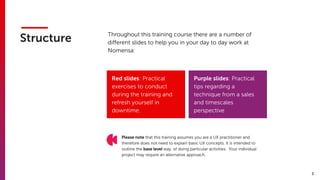 3
Structure Throughout this training course there are a number of
diﬀerent slides to help you in your day to day work at
Nomensa:
Purple slides: Practical
tips regarding a
technique from a sales
and timescales
perspective
Please note that this training assumes you are a UX practitioner and
therefore does not need to explain basic UX concepts. It is intended to
outline the base level way, of doing particular activities. Your individual
project may require an alternative approach.
Red slides: Practical
exercises to conduct
during the training and
refresh yourself in
downtime.
 