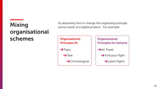 49
Mixing
organisational
schemes
Its absolutely ﬁne to change the organising principle
across levels of a digital product. For example:
Organisational
Principles #1
Task
Topic
Chronological
Organisational
Principles for Gatwick
Find your ﬂight
Air Travel
Latest ﬂights
 