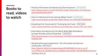 80
Books to
read, videos
to watch
• Practical Information Architecture by Donna Spencer  
http://www.amazon.co.uk/A-Practical-Guide-Information-Architecture-
ebook/dp/B004WH4OF4
• How to make sense of any mess by Abbey Covert  
http://www.amazon.co.uk/How-Make-Sense-Any-Mess/dp/1500615994
• Everything First: Structured UX Thinking by Jon Fisher 
https://www.slideshare.net/Nomensa/collaborate-bristol-2015-jon-ﬁsher
• Information Architecture for the World Wide Web (3rd edition)  
by Peter Morville and Lou Rosenfeld  
http://www.amazon.co.uk/Information-Architecture-World-Wide-Web/dp/
0596527349
• Designing the search experience: The information architecture  
of discovery 
http://www.amazon.co.uk/gp/product/0123969816/ref=as_li_ss_tl?
ie=UTF8&camp=1634&creative=19450&creativeASIN=0123969816&linkCode=
as2&tag=dtse-21
Essential Reading
Essential Reading
Wider Reading
Wider Reading
Wider Reading
 