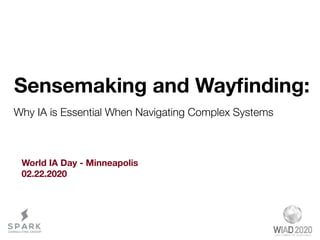 Sensemaking and Wayﬁnding:
Why IA is Essential When Navigating Complex Systems
World IA Day - Minneapolis
02.22.2020
 