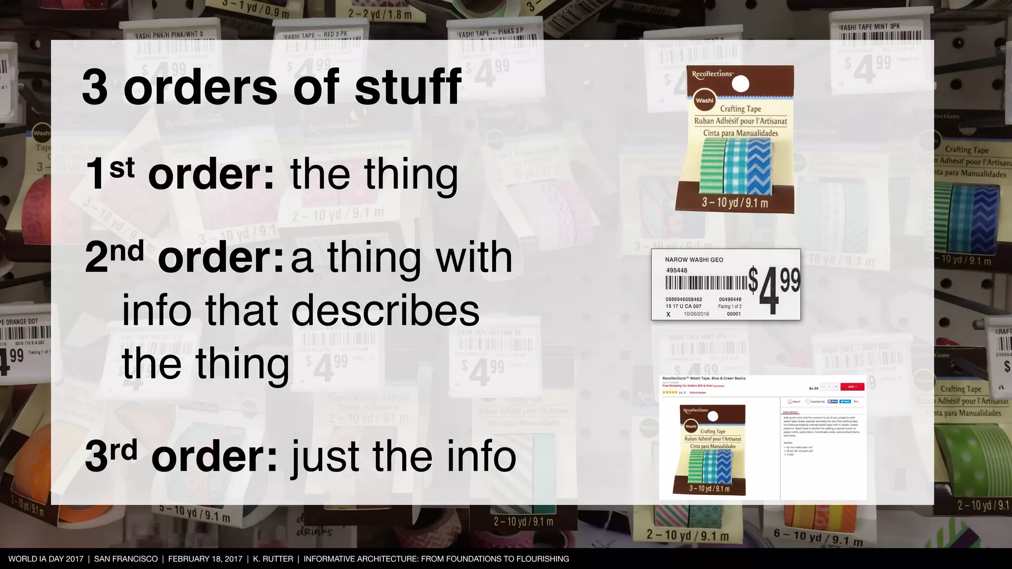 WORLD IA DAY 2017 | SAN FRANCISCO | FEBRUARY 18, 2017 | K. RUTTER | INFORMATIVE ARCHITECTURE: FROM FOUNDATIONS TO FLOURISHING
3 orders of stuff
1st order: the thing
2nd order:a thing with  
info that describes 
the thing
3rd order: just the info
 