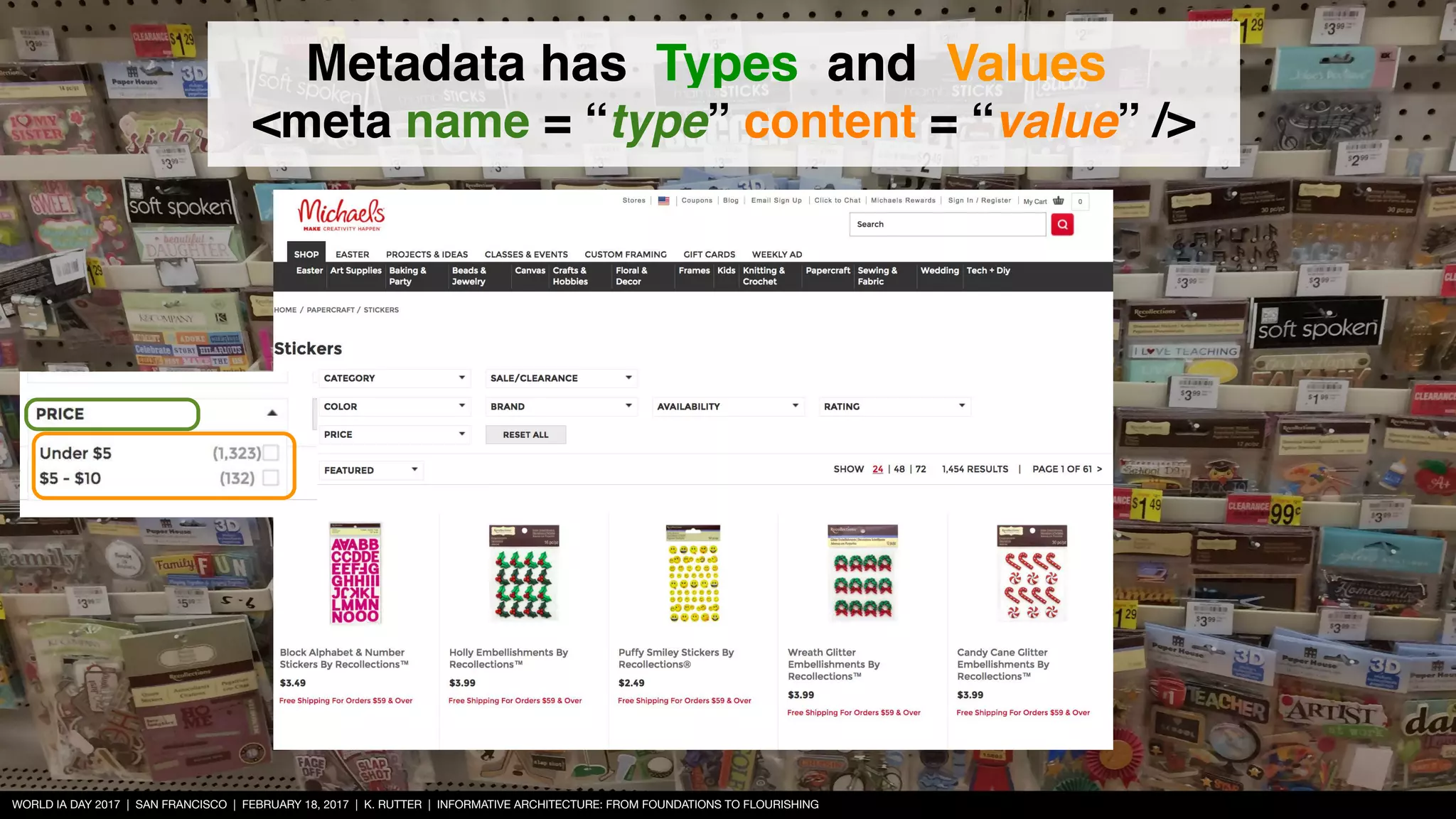 WORLD IA DAY 2017 | SAN FRANCISCO | FEBRUARY 18, 2017 | K. RUTTER | INFORMATIVE ARCHITECTURE: FROM FOUNDATIONS TO FLOURISHING
<meta name = “type” content = “value” />
Metadata has Types and Values
 