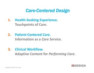Care-Centered Design
1.

Health‐Seeking Experience.
Touchpoints of Care.

2.

Patient‐Centered Care.
Information as a Care...