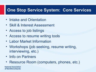 One Stop Service System: Core Services

• Intake and Orientation
• Skill & Interest Assessment
• Access to job listings
• Access to resume writing tools
• Labor Market Information
• Workshops (job seeking, resume writing,
  interviewing, etc.)
• Info on Partners
• Resource Room (computers, phones, etc.)
 