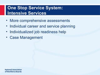 One Stop Service System:
    Intensive Services
•   More comprehensive assessments
•   Individual career and service planning
•   Individualized job readiness help
•   Case Management
 