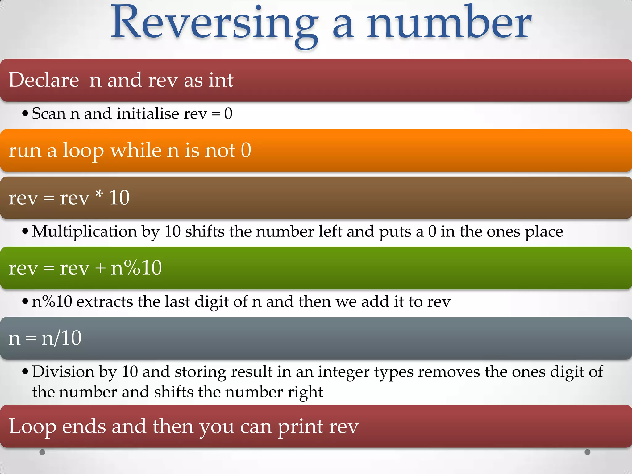 Reversing a number Declare n and rev as int • Scan n and initialise rev = 0 run a loop while n is not 0 rev = rev * 10 • Multiplication by 10 shifts the number left and puts a 0 in the ones place rev = rev + n%10 • n%10 extracts the last digit of n and then we add it to rev n = n/10 • Division by 10 and storing result in an integer types removes the ones digit of the number and shifts the number right Loop ends and then you can print rev 