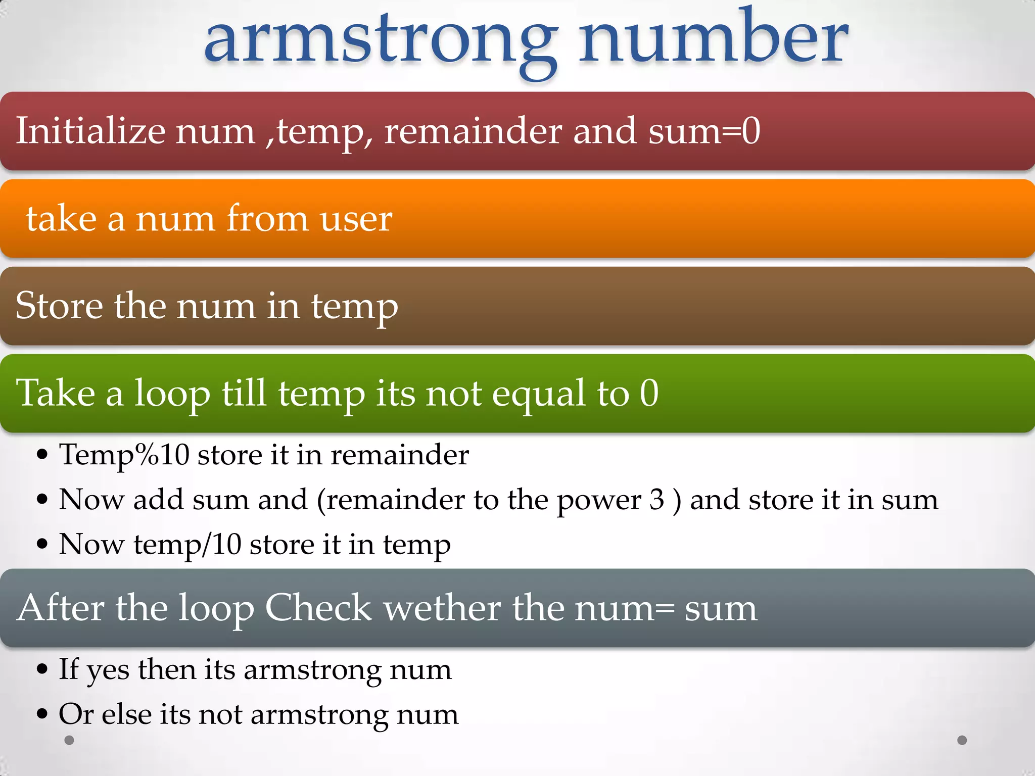 armstrong number Initialize num ,temp, remainder and sum=0 take a num from user Store the num in temp Take a loop till temp its not equal to 0 • Temp%10 store it in remainder • Now add sum and (remainder to the power 3 ) and store it in sum • Now temp/10 store it in temp After the loop Check wether the num= sum • If yes then its armstrong num • Or else its not armstrong num 