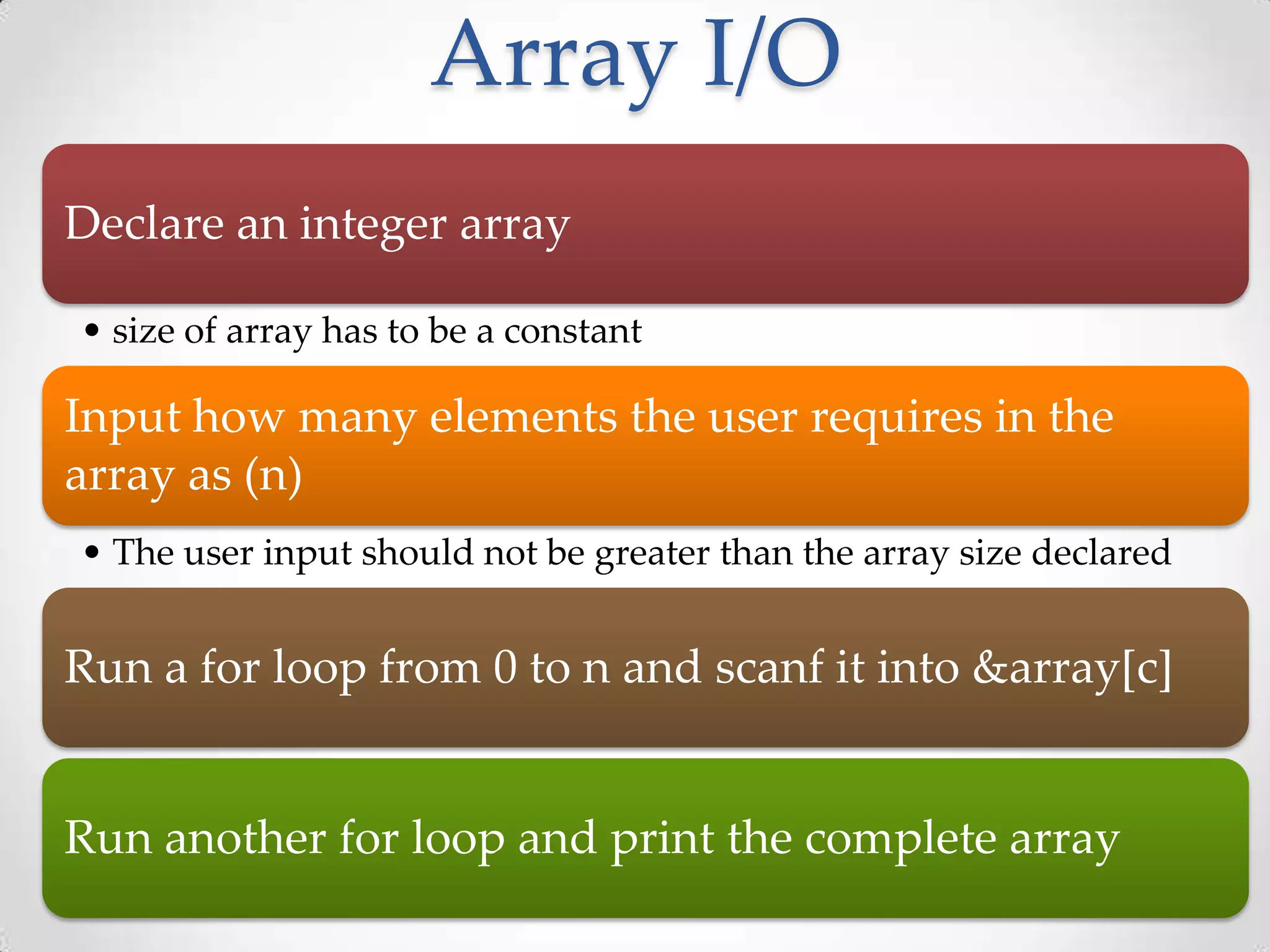 Array I/O Declare an integer array • size of array has to be a constant Input how many elements the user requires in the array as (n) • The user input should not be greater than the array size declared Run a for loop from 0 to n and scanf it into &array[c] Run another for loop and print the complete array 