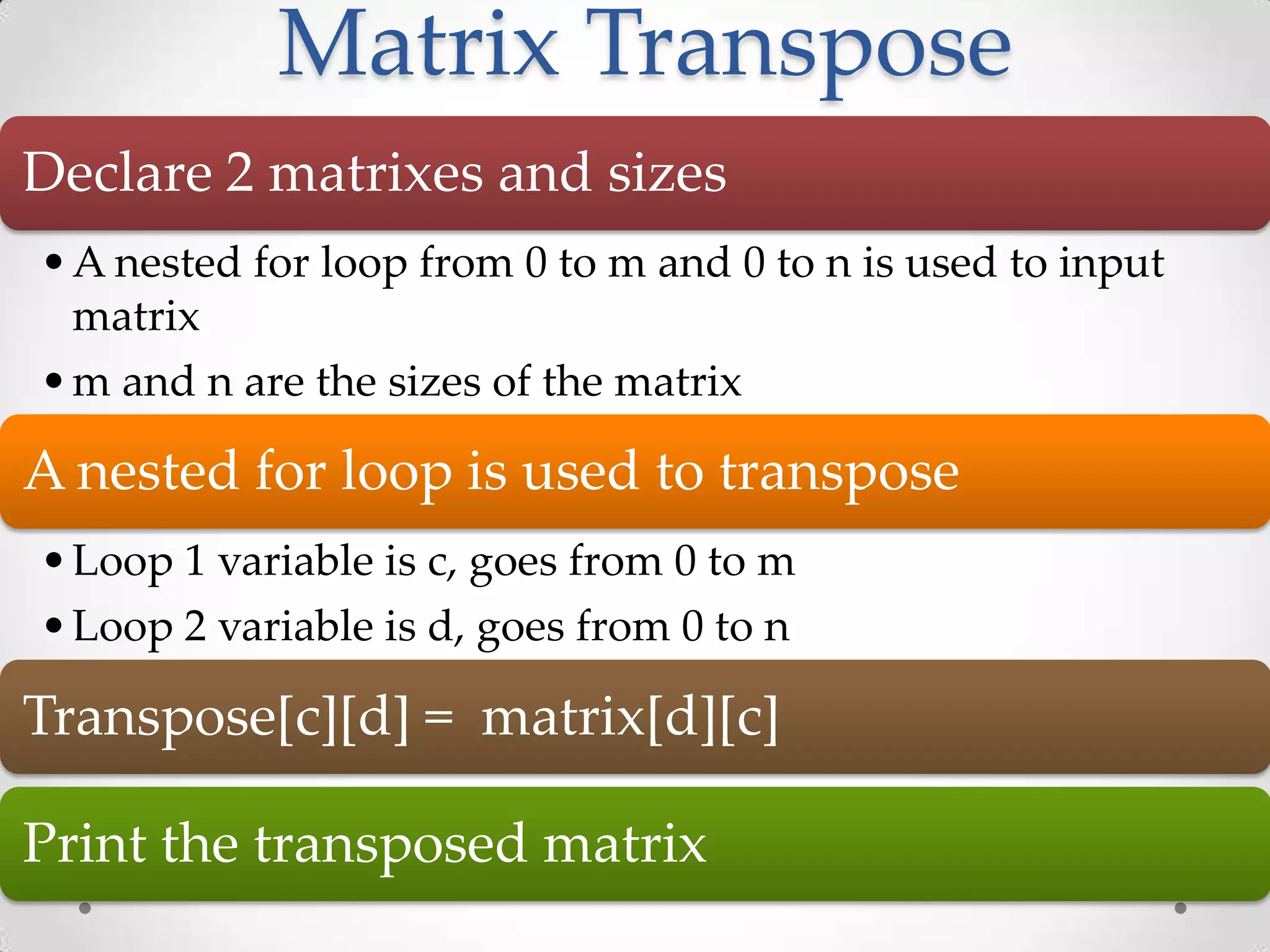 Matrix Transpose Declare 2 matrixes and sizes • A nested for loop from 0 to m and 0 to n is used to input matrix • m and n are the sizes of the matrix A nested for loop is used to transpose • Loop 1 variable is c, goes from 0 to m • Loop 2 variable is d, goes from 0 to n Transpose[c][d] = matrix[d][c] Print the transposed matrix 
