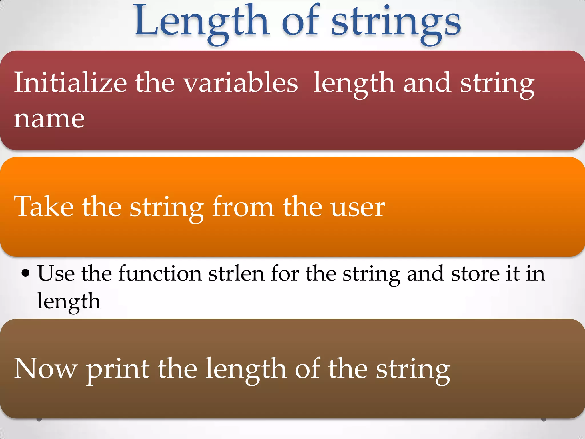 Length of strings Initialize the variables length and string name Take the string from the user • Use the function strlen for the string and store it in length Now print the length of the string 