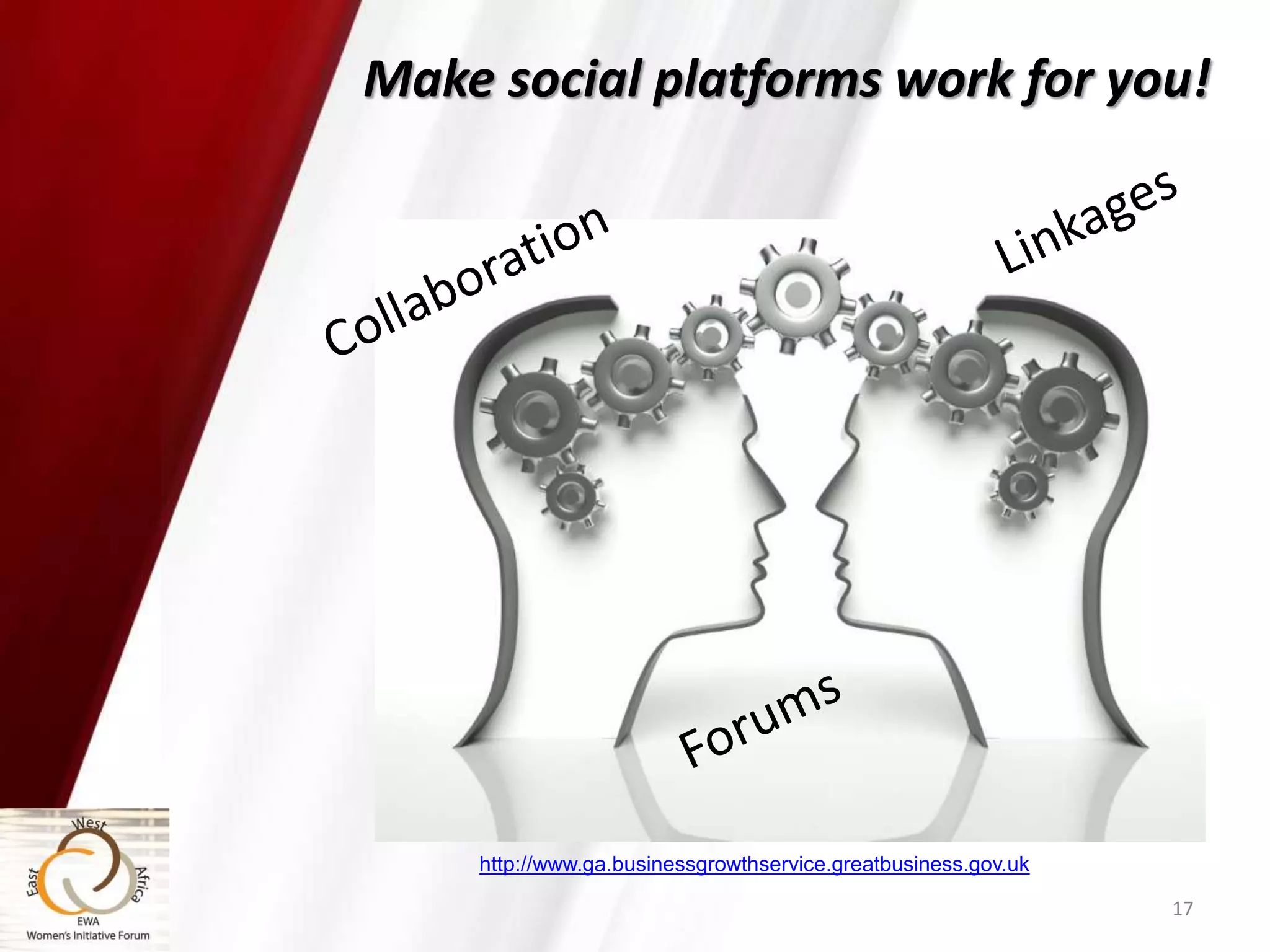 17
http://www.ga.businessgrowthservice.greatbusiness.gov.uk
Make social platforms work for you!
 