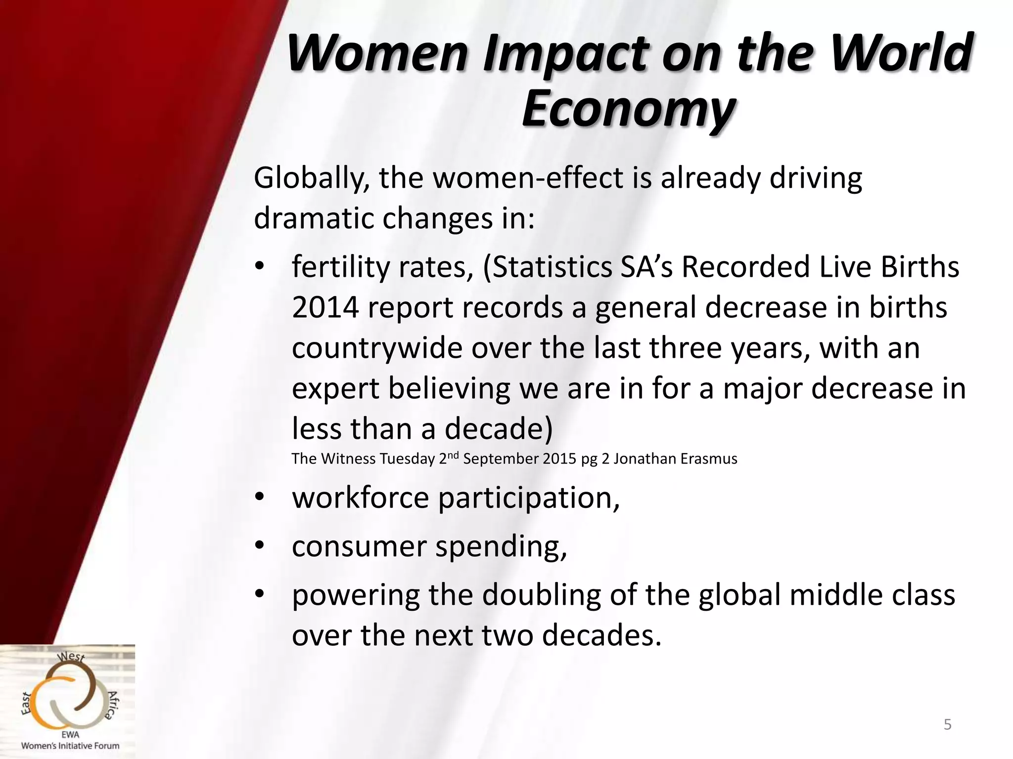 Globally, the women-effect is already driving
dramatic changes in:
• fertility rates, (Statistics SA’s Recorded Live Births
2014 report records a general decrease in births
countrywide over the last three years, with an
expert believing we are in for a major decrease in
less than a decade)
The Witness Tuesday 2nd September 2015 pg 2 Jonathan Erasmus
• workforce participation,
• consumer spending,
• powering the doubling of the global middle class
over the next two decades.
5
Women Impact on the World
Economy
 