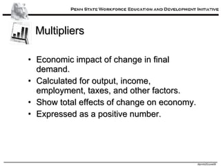 Multipliers Economic impact of change in final demand. Calculated for output, income, employment, taxes, and other factors. Show total effects of change on economy. Expressed as a positive number. 