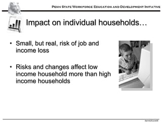 Impact on individual households… Small, but real, risk of job and income loss Risks and changes affect low income household more than high income households 
