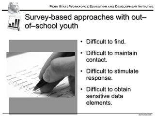 Survey-based approaches with out–of–school youth Difficult to find. Difficult to maintain contact. Difficult to stimulate response. Difficult to obtain sensitive data elements. 