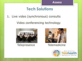 Assess
Tech Solutions
1. Live video (synchronous) consults
Video conferencing technology
Telepresence Telemedicine
 